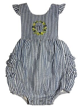 EUC blue seersucker ruffle bubble romper with floral M monogram 3t
